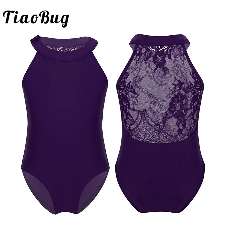 

TiaoBug Kids Teens Sleeveless Halter Ballet Leotards Child Floral Lace Gymnastics Leotard Bodysuit Practice Stage Dance Costume