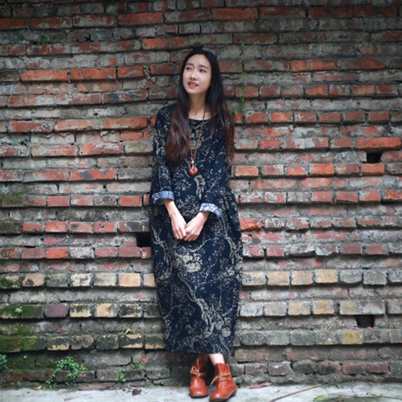 Осеннее платье с длинным рукавом повседневное женское из льна и хлопка длинное