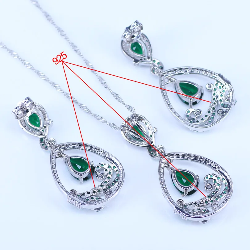 Lovely Water Drop CZ Stone And Green Crystal Necklace Earring Set Fashion 925 Silver Jewelry For Women T28 | Украшения и