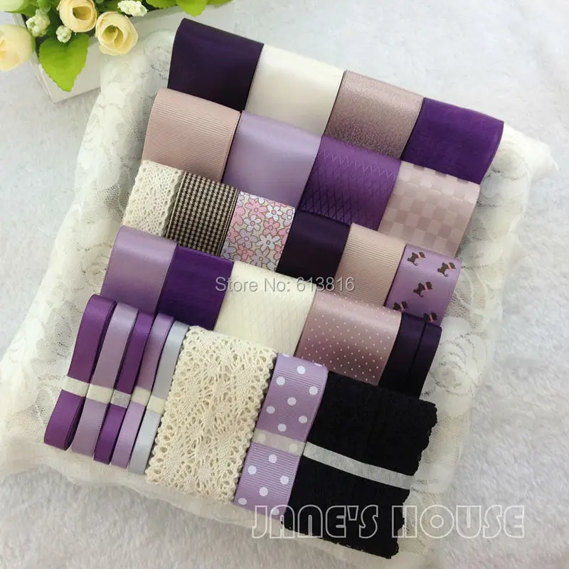 Фиолетовый Цвет 28YDS смешанный 28 Стиль атласная/grosgrain лента мультфильм ribbos Набор Хлопок Кружева Лента DIY аксессуары для волос
