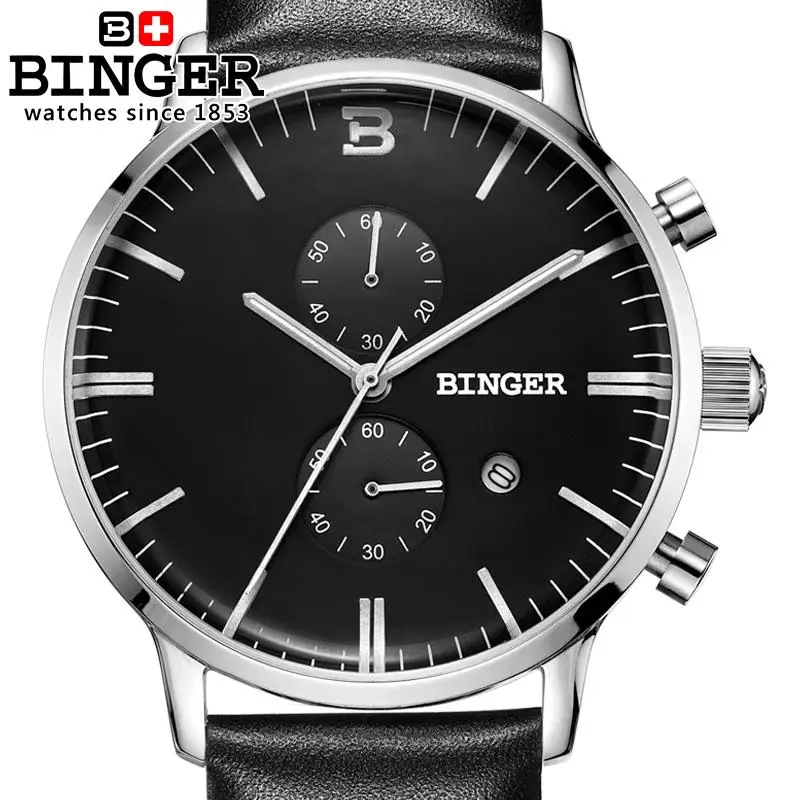 

Switzerland Men's Watch luxury brand Wristwatches BINGER Quartz watches glowwatch leather strap Chronograph Diver Clock B1122-5