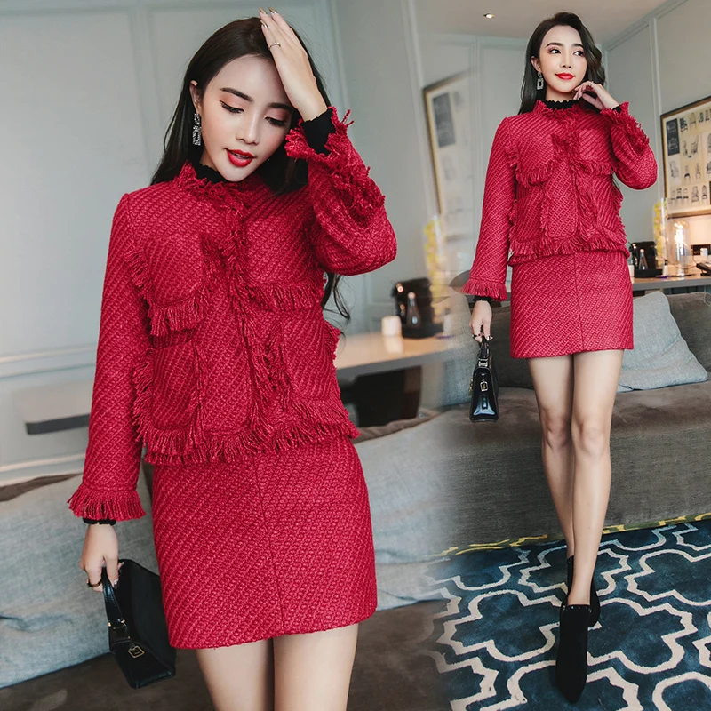 Комплект из двух предметов Женский твидовый пиджак с бахромой топ и юбка