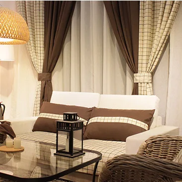

European and American style cotton linen embroidery beige plaid coffee curtains for living room , bed room