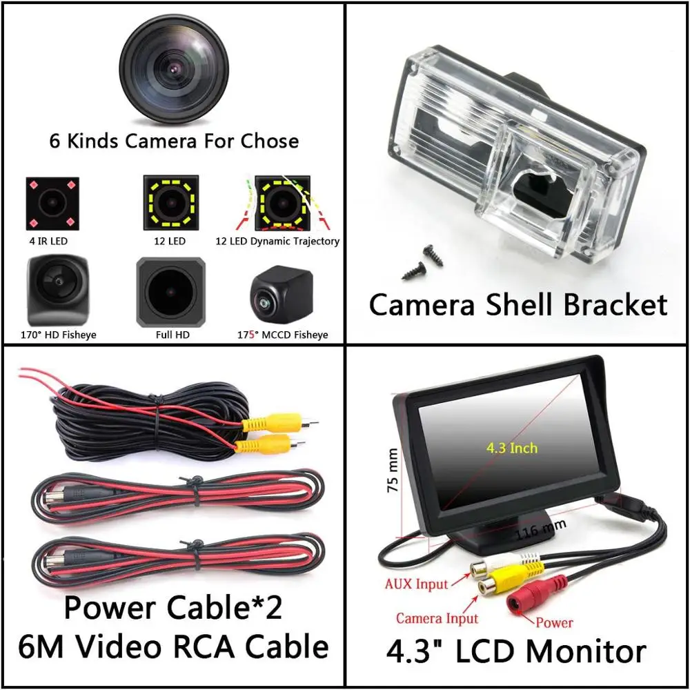 Camera 4.3 inch LCD 175 градусов MCCD Fisheye 12LED HD заднего вида Камера для Toyota Reiz Avalon XX10 Land Cruiser Prado 200 LC200 монитор автомобиля - Название цвета: Camera 4.3 inch LCD
