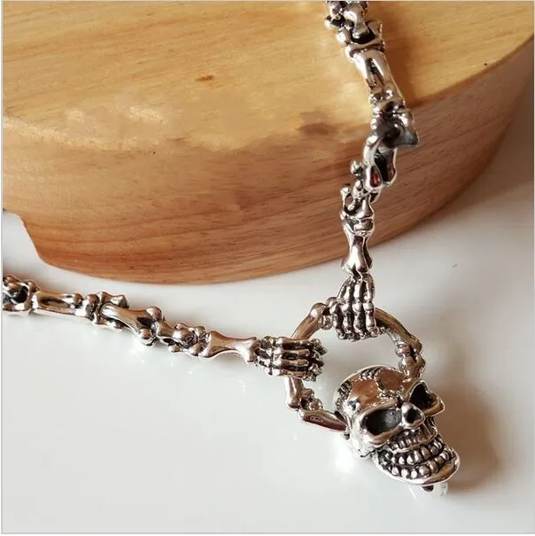 

Thai silver necklace for man 925 Sterling Silver Genuine men long Punk Skull Pendant Necklace Set retro bone chain