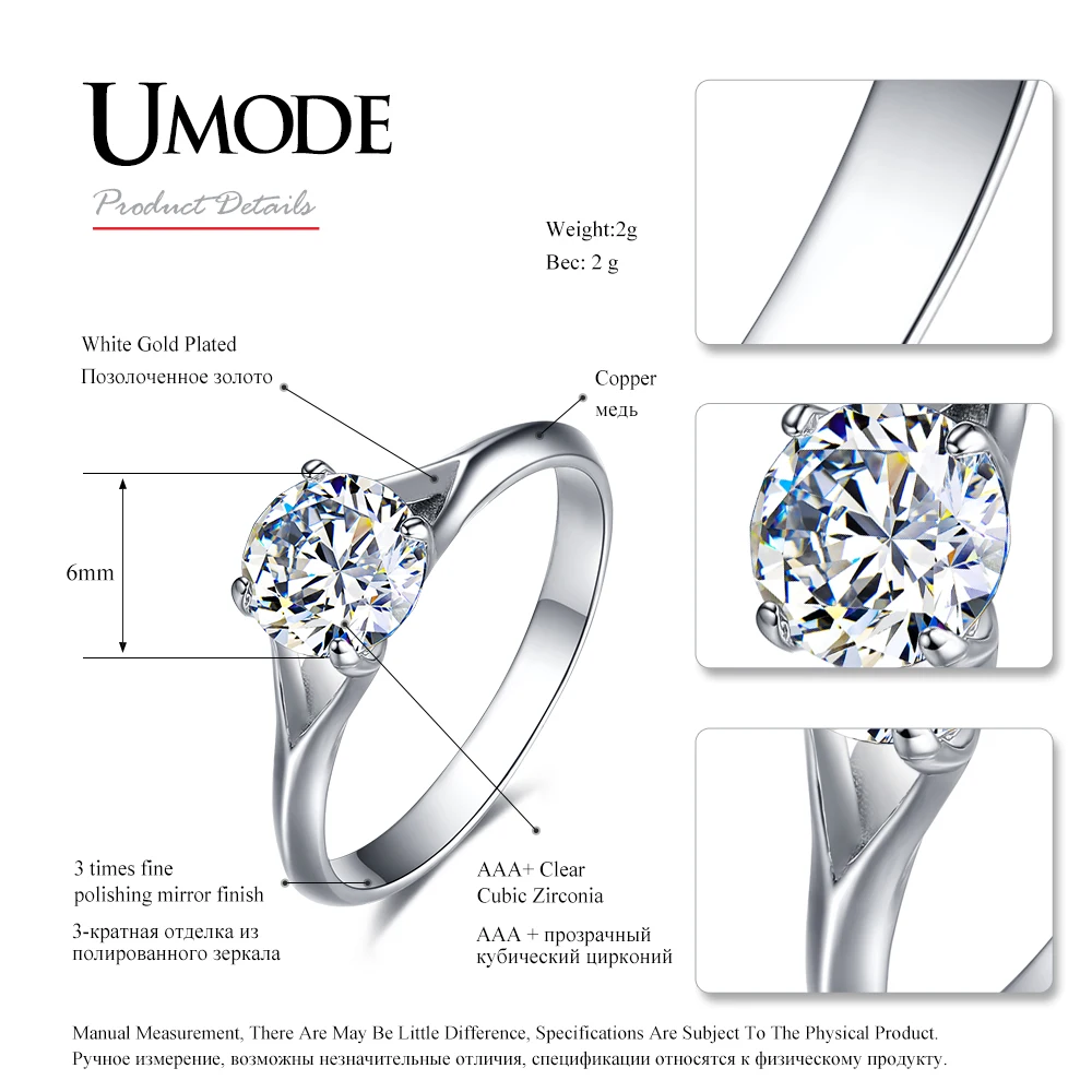 Женские обручальные кольца UMODE роскошные с кристаллом циркония 0 75 карат