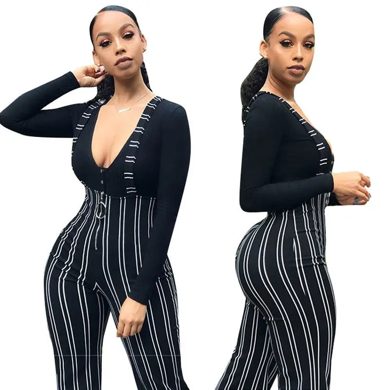 

2019 Women Fashion Casual Striped Jumpsuits Bodycon Party Jumpsuit Suspender Flared Trousers