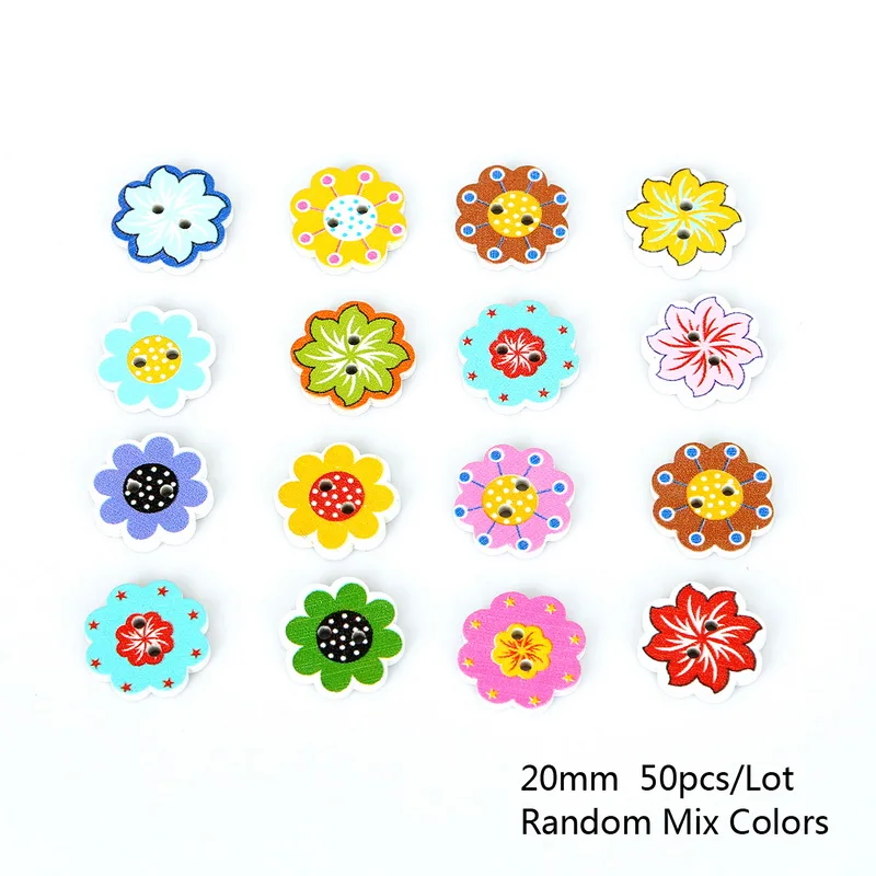 Flower 50 шт. 2 отверстия плоские деревянные Пуговицы Красочные смешанные животные цветок окрашенные кнопки DIY Одежда Ремесло шитье, скрапбукинг, аксессуары - Цвет: Flower