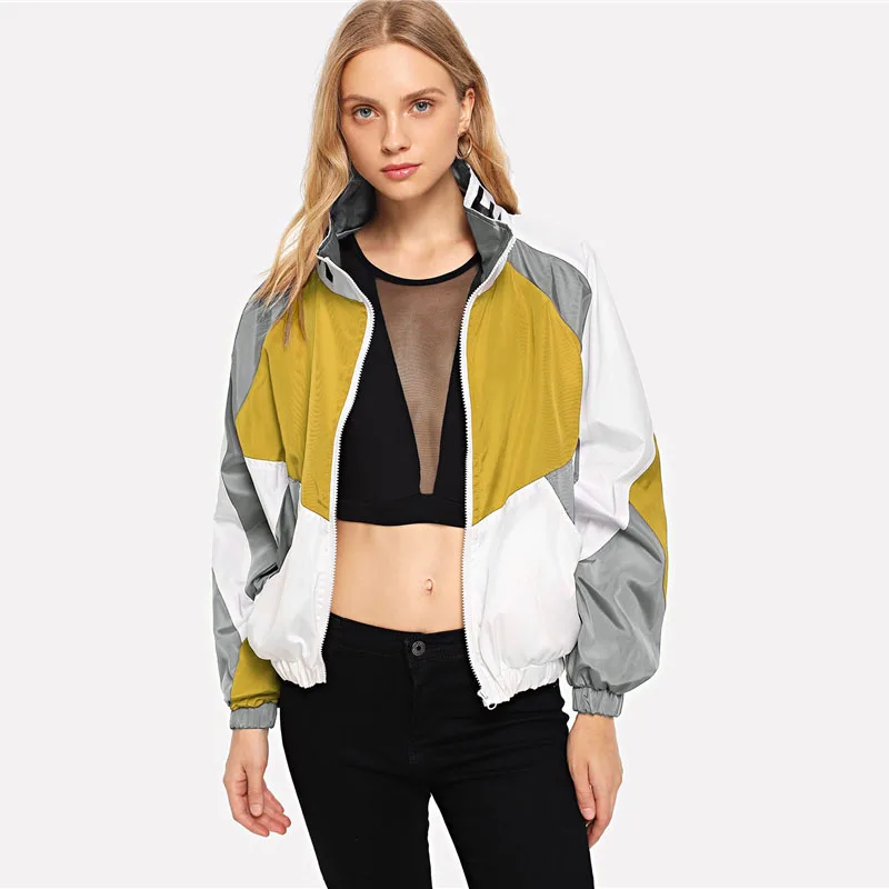 SweatyRocks куртка на молнии с буквенным принтом и цветными блоками, спортивная одежда, осенняя куртка-бомбер со стоячим воротником, женские осенние повседневные пальто