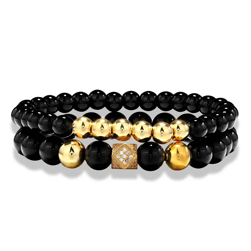 Мужской браслет из натурального камня с фианитами 2 шт.|Плетеные браслеты| |