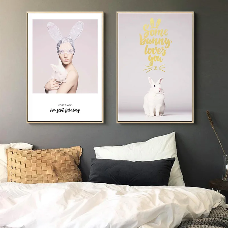 Скандинавский сладкий кролик розовая девушка мечта холст винтажные крафтовые