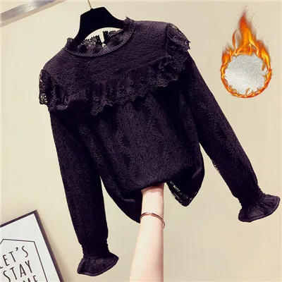 black with fleece MUMUZI кружевная блузка женская зимняя повседневная кружевная Лоскутная Блузка с длинным рукавом женская блузка рубашка теплая флисовая рубашка с оборками Топы - Цвет: black with fleece