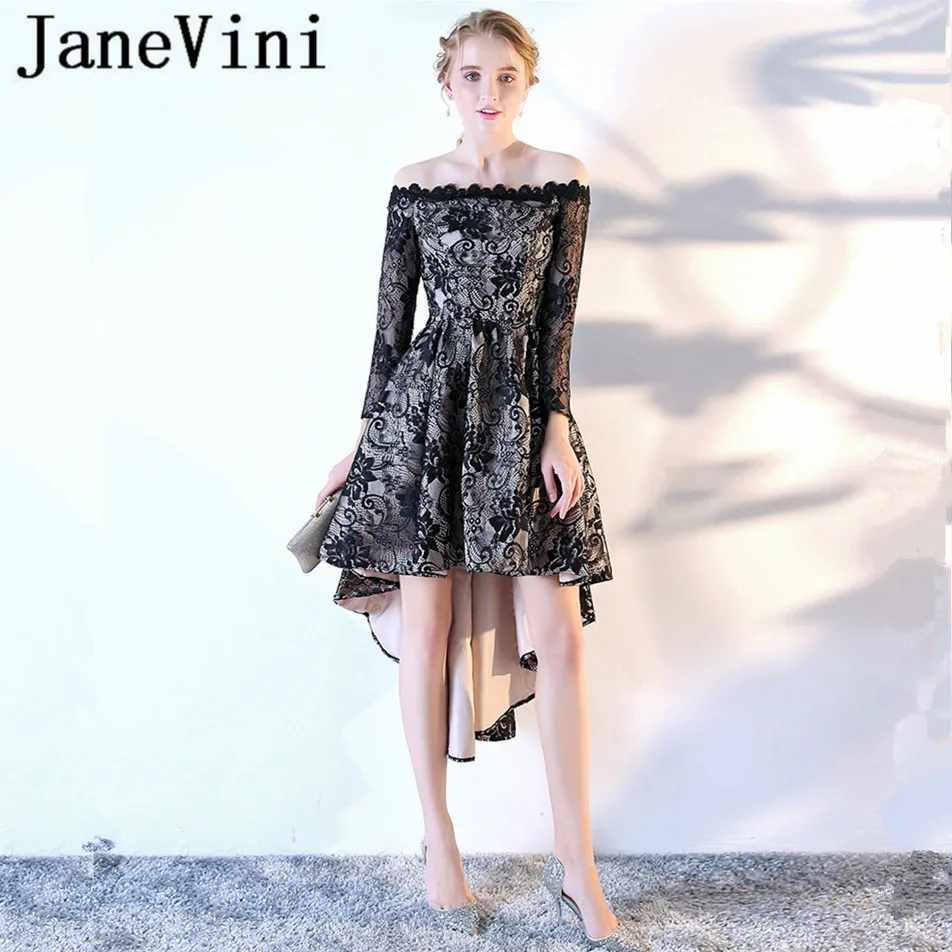 

JaneVini Vintage Long Bridesmaid Dresses Lace High Low Boat Neck Long Sleeves Tea-Length Zipper Back Simple Maid Of Honor Dress