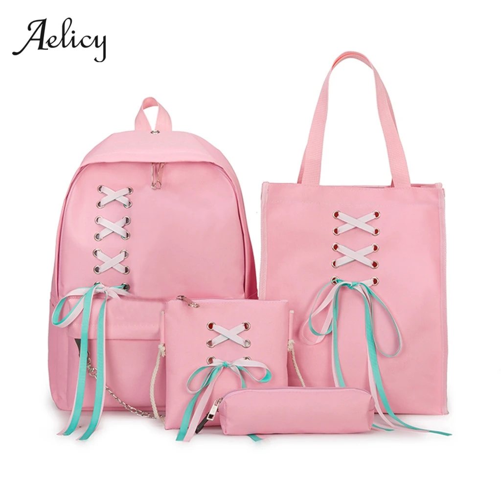 Aelicy 4Pcs/Set Ribbon Chain Bowknot Letter Canvas Backpack Travel Rucksacks Leisure Backpacks For Teenage Girls School Bagpacks