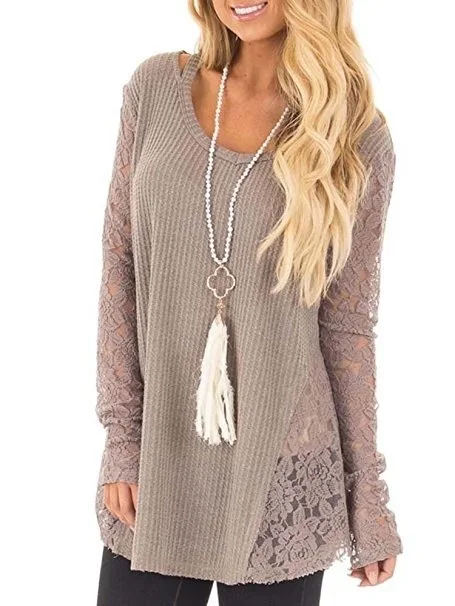 

Jbersee Spring and Autumn Lace Stitching Long Sleeved O-Neck Sweaters Fashion Solid Sweater Women Long Pullover Women YZ6035