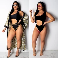 2019 new one shouder one piece swimsuit with retro print cover ups set sexy women swimwear bathing suit cover up 2pcsset