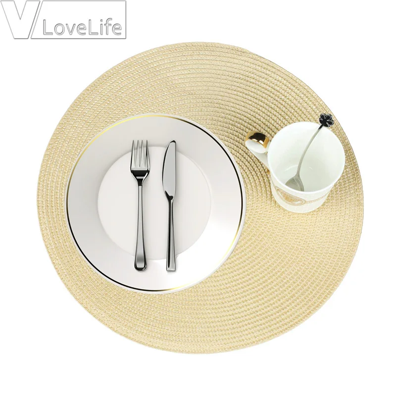 Table Round Placemat Weave PP Dining Napkin Mats Bowl Pad Hotel Cutlery Table Decoration Tray Mat Braided Style Placemat - Color: Ivory