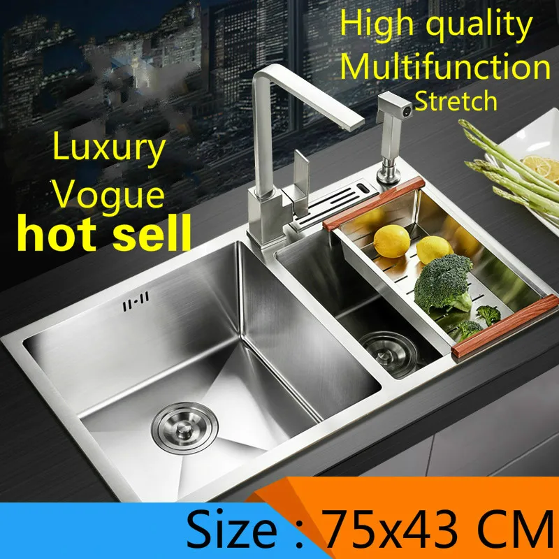 

Free shipping Kitchen sink 3mm double groove ordinary food grade stainless steel durable hot sell and stretch tap 75x43 CM
