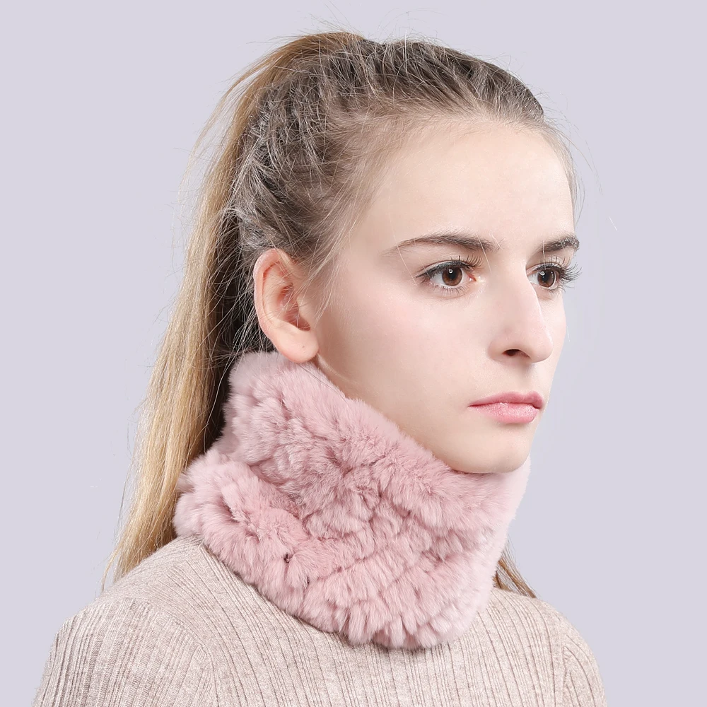 Women Real Fur Handmade Stretch Fur Scarf Knit Genuine Rex Rabbit Fur Headbands Girls Natural Fur Ring Cowl Snood Scarves Winter