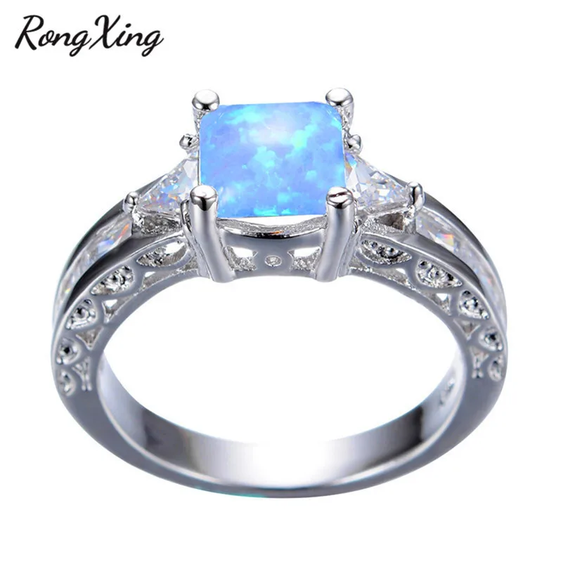 RongXing 7 мм квадратные белые/синие огненные опаловые кольца для женщин