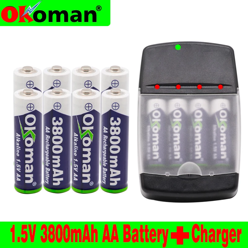 Новинка AA 3800mah 1,5 V Щелочная перезаряжаемая батарея для Светодиодный светильник, электрический игрушечный аккумулятор и четырехслотовое щелочное зарядное устройство