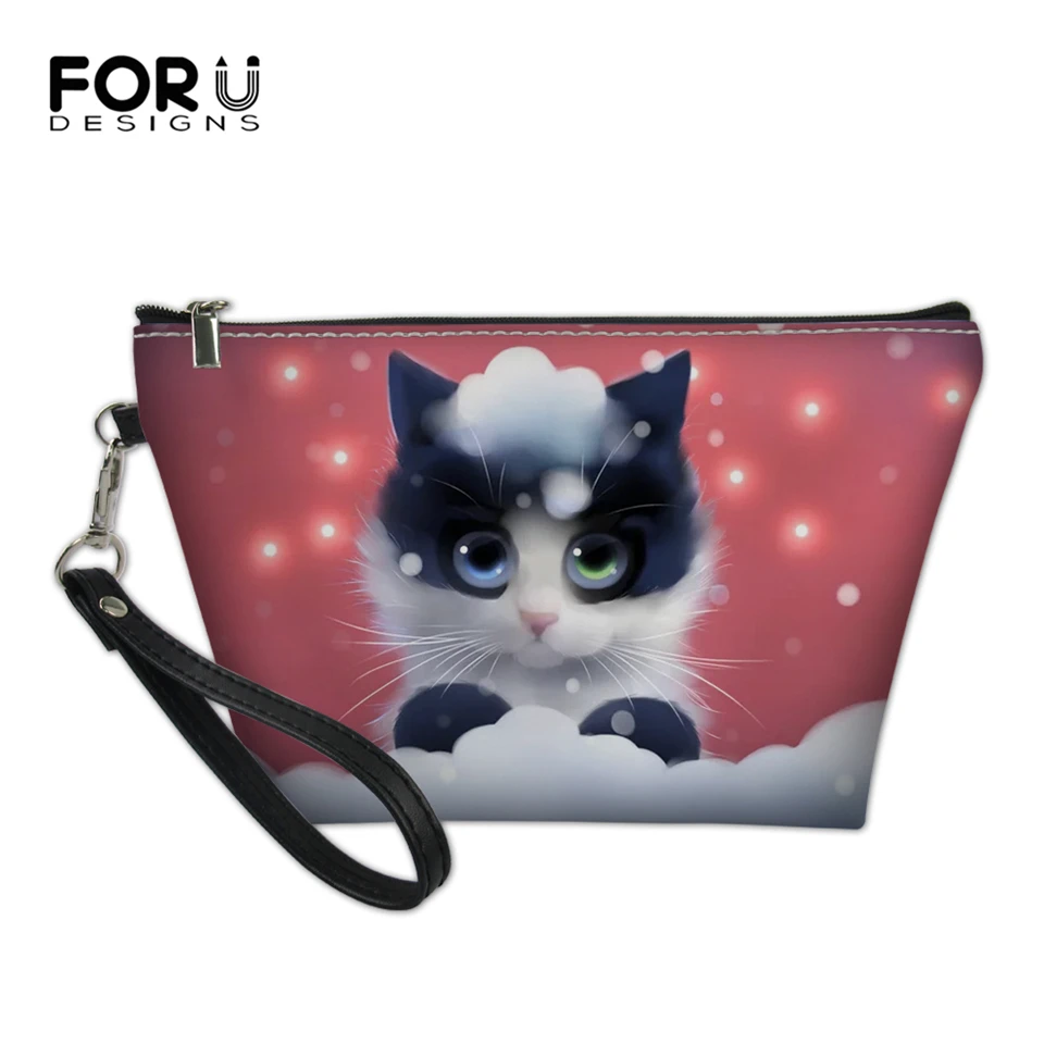 FORUDESIGNS/Kawaii женские сумки для макияжа с принтом кошек дорожные из искусственной