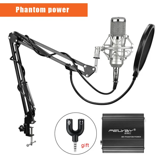 Silver phantom power FELYBY bm 800 профессиональный конденсаторный микрофон для компьютера караоке видео студия Запись микрофон фильтр фантомное питание звуковая карта - Цвет: Silver phantom power