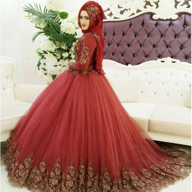 

Burgundy ball gown Muslim wedding dress 2022 long sleeves bridal gown lace appliques wedding gowns Court train vestido de noiva