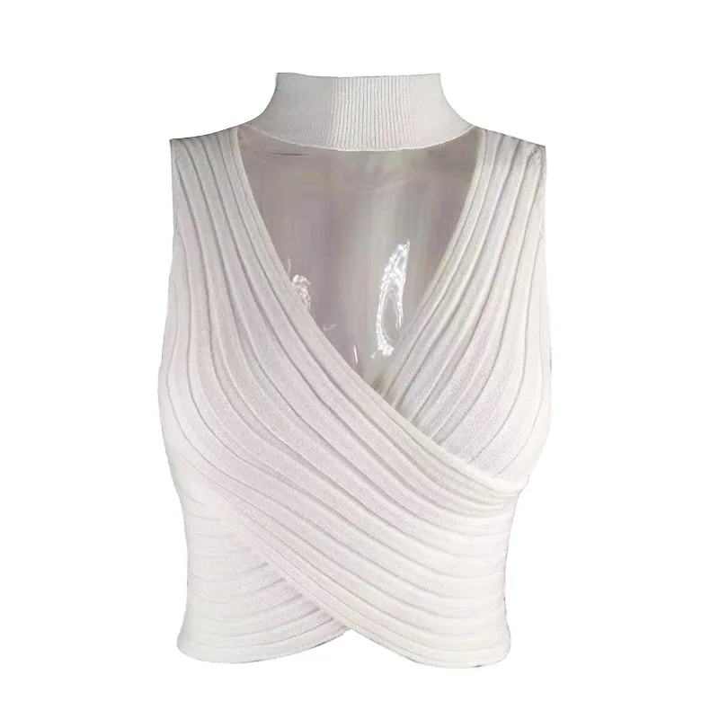 ZHYMIHRET Summer V Neck Halter Ribbed Tank Tops Women Knitted Wrap Ruched Festival Sexy Neon Crop Tops Female Haut Femme
