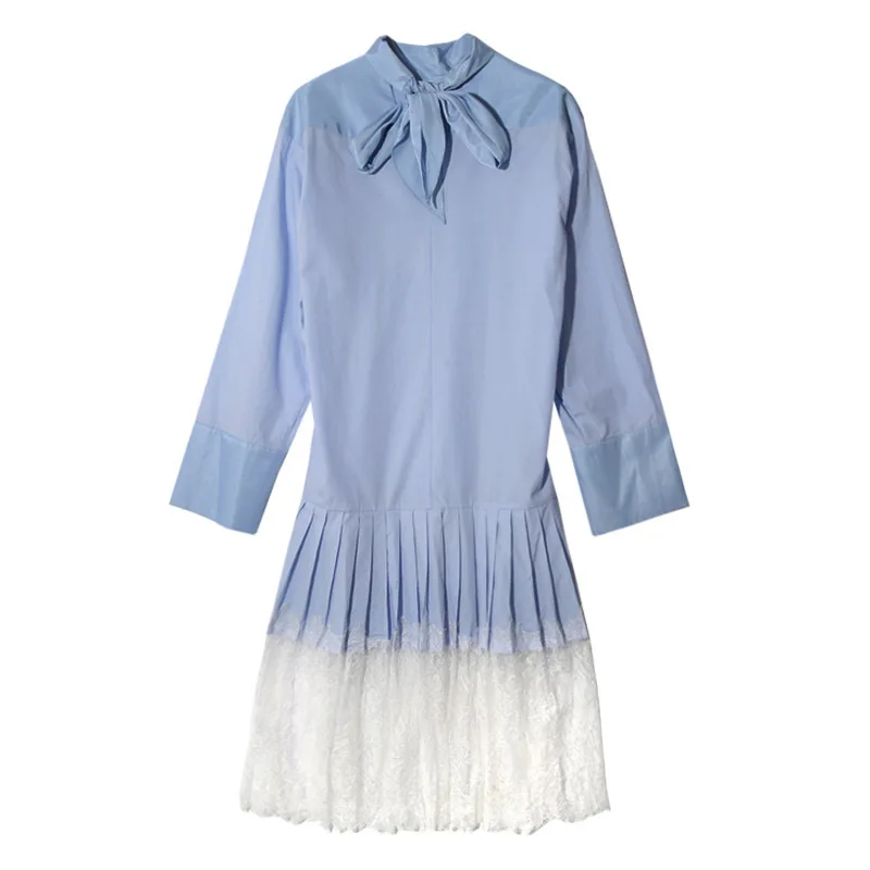 2017 Весна Элегантный Длинным Рукавом Пуловеры Dress Два Носить Кружева Лоскутные