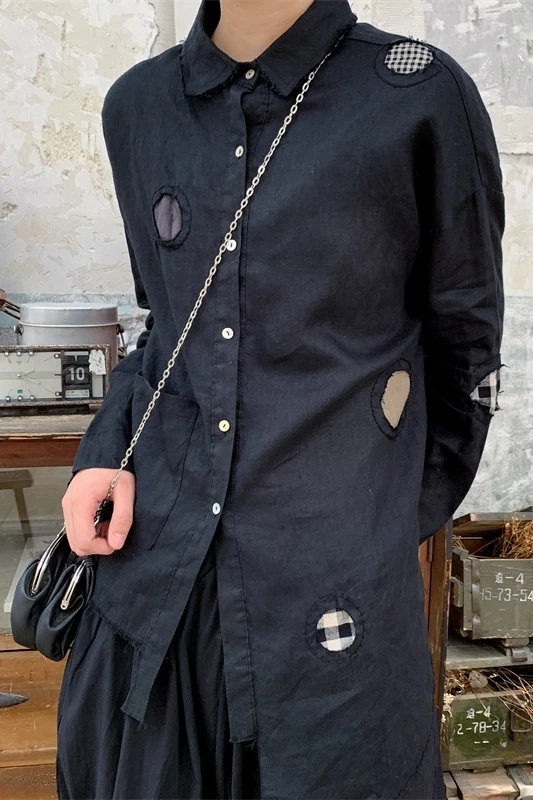 Рубашка мужская из хлопка и льна с длинными рукавами отверстиями | Мужская одежда