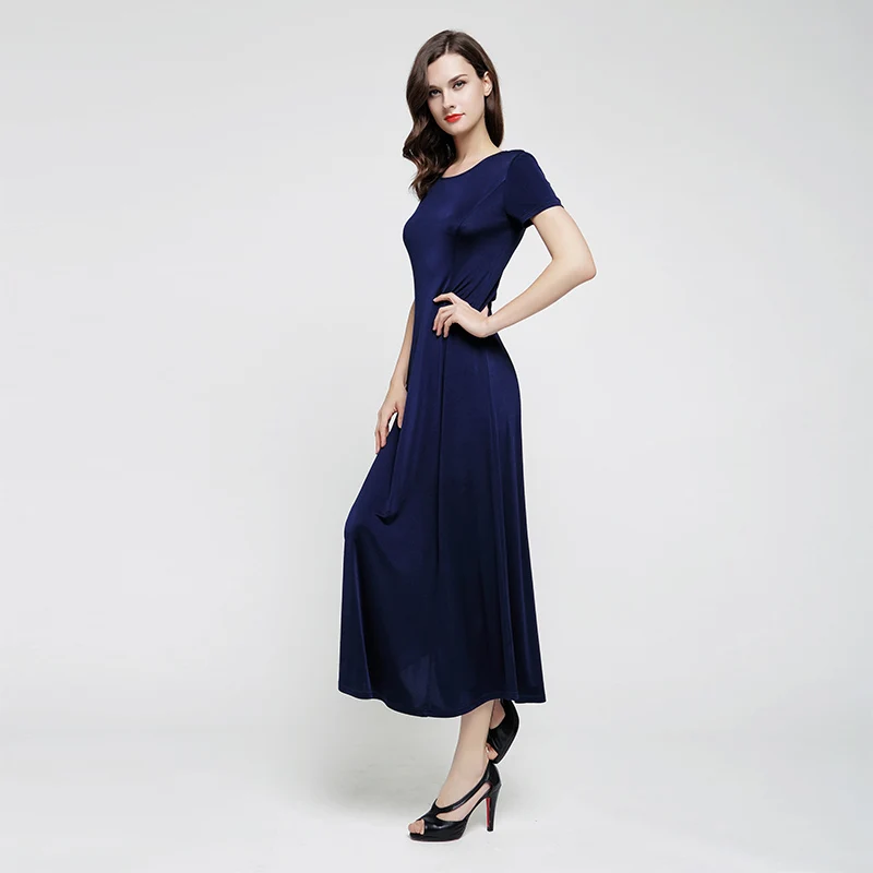 Navy Blue VOA тяжелое шелковое вязаное платье с коротким рукавом, тонкое Простое Повседневное однотонное женское длинное платье размера плюс, гладкое мягкое женское платье на осень A7026 - Цвет: Navy Blue
