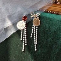 south korea east gate jewelry butterfly knot coin pearl tassels asymmetric earrings