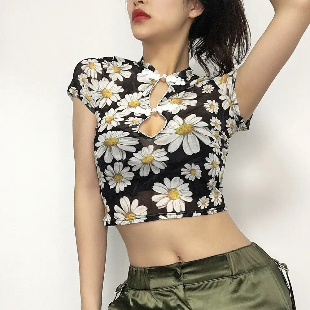 Женская футболка летняя с коротким рукавом и цветочным принтом|Футболки| |