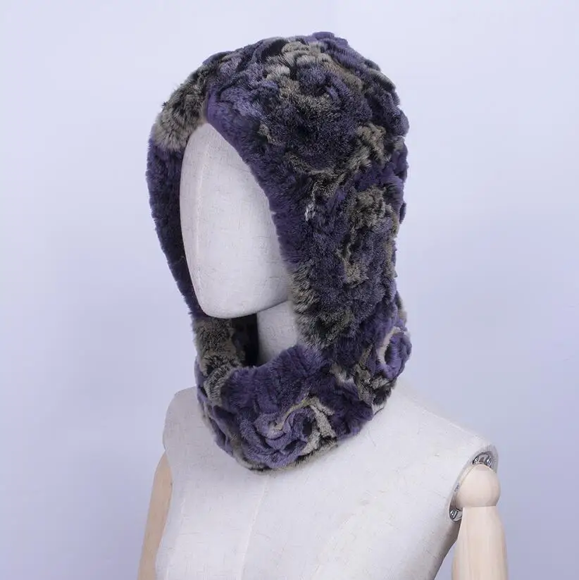 color 6 YC Fur Модные женские зимние шапки шарфы теплые вязаные шапки из меха кролика рекс с шарфом женские теплые шарфы для шеи Зимние шапки для женщин - Цвет: color 6
