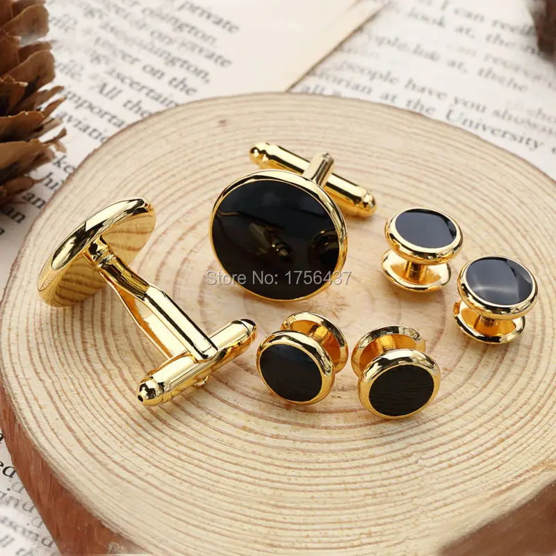 Высокое качество черные эмалевые круглые запонки наборы серег-гвоздиков