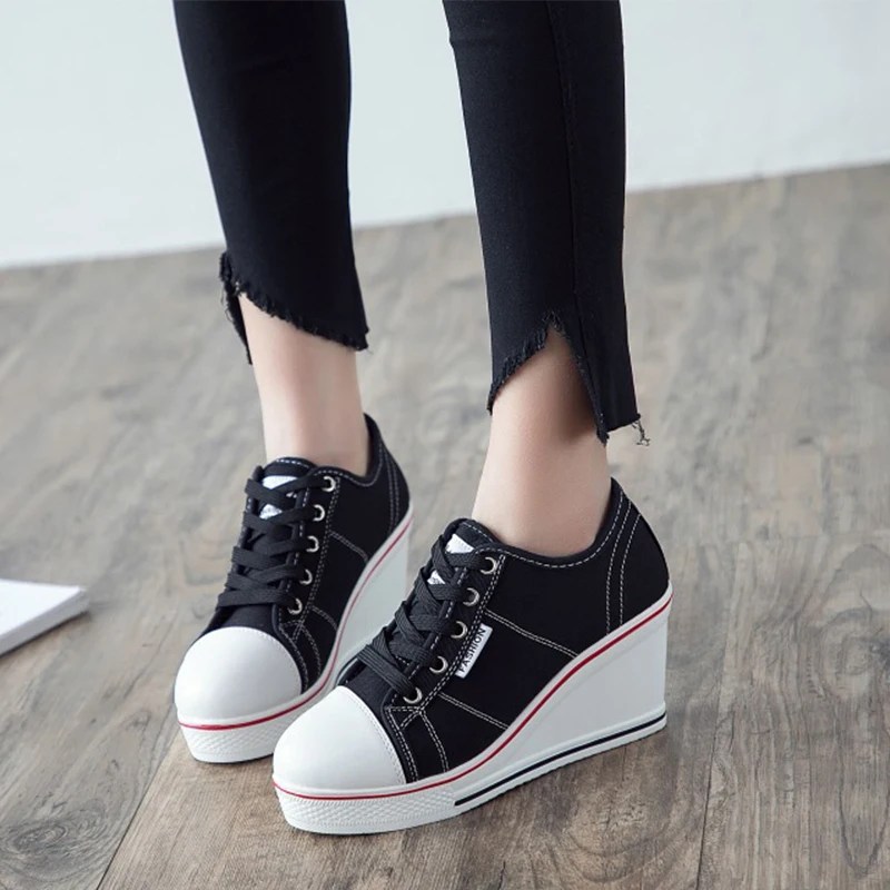 Прямая поставка 2019 г. женская парусиновая обувь на танкетке со шнуровкой Низкие