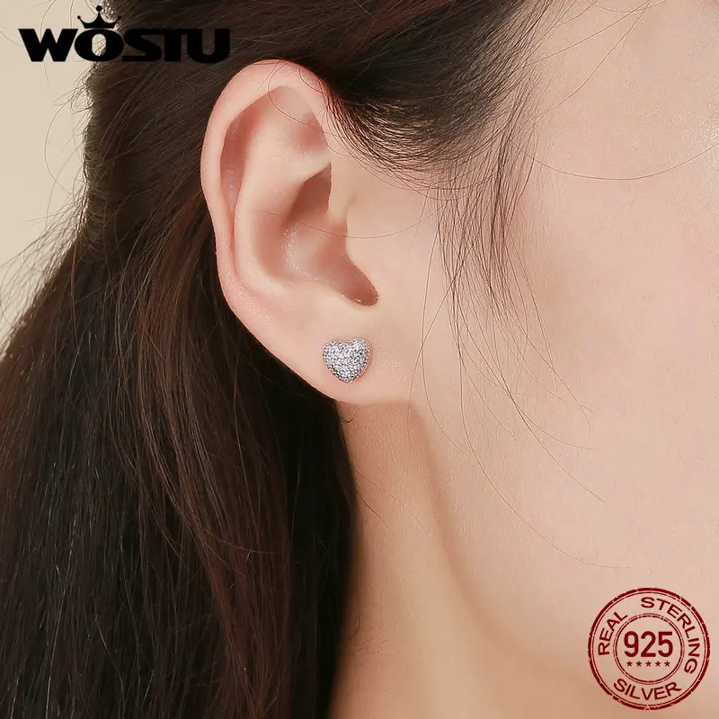 WOSTU, роскошные, 925 пробы, серебряные ослепительные серьги-гвоздики с медведем и сердцем для женщин и девушек, бренд, хорошее ювелирное изделие, подарок FIE388