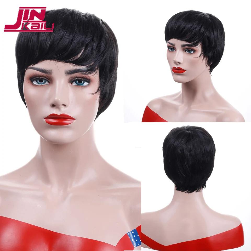 JINKAILI парик короткие Pixie Cut парики для женщин термостойкие синтетические Черные Серые волосы парики костюм парик