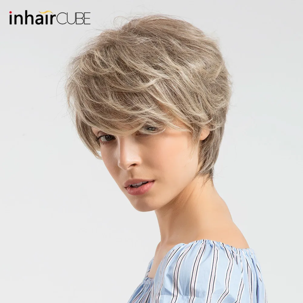 INHAIR cube синтетические парики из натуральных волн короткие парики для женщин пушистый Омбре парик из человеческих волос дышащий парик