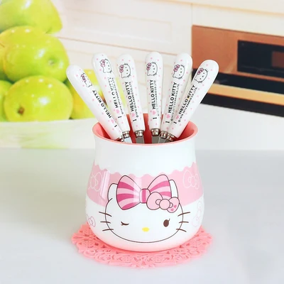 6 вилок из нержавеющей стали + 1 керамическая баночка с рисунком дораэмона