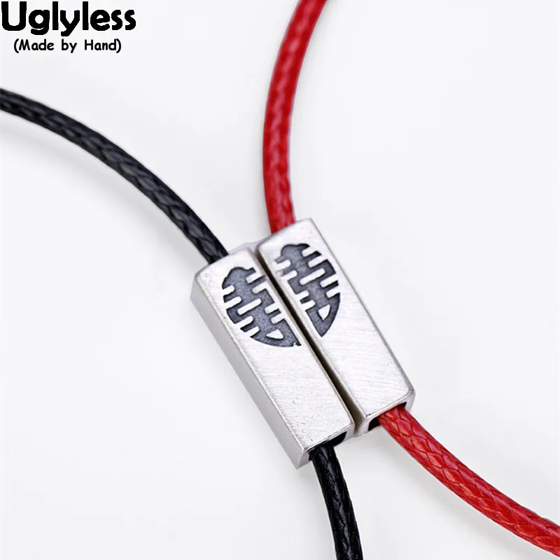 Uglyless 1 Pair Real 925 Sterling Silver Rectangle Lovers Leather Bracelets Thai Silver Infinity Bracelet Couples Jewelry 2pcs