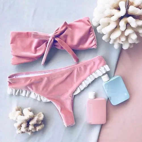 Сексуальный женский бархатный однотонный комплект бикини пуш ап чистый цвет