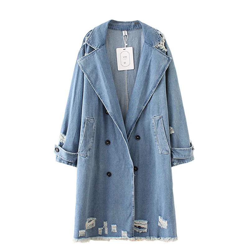 Large size denim trench coat women long Windbreaker Double-breasted suit collar jeans coats female Hole Loose Casual tops G106 | Женская
