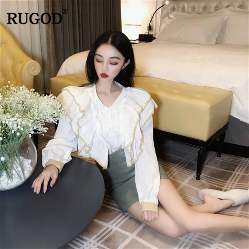 Женская блузка RUGOD белая винтажная с длинным рукавом и треугольным