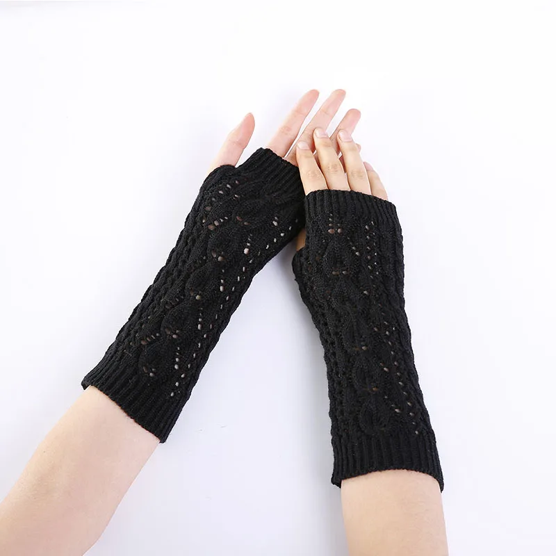 Вязаные перчатки без пальцев с листом зимние женские осенне весенние гетры для