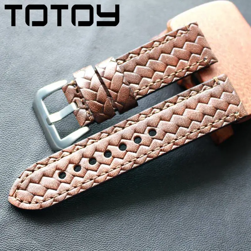 Brown silver buckl TOTOY кожаный ремешок для наручных часов ручной вязки, 20 мм 22 мм 24 мм мягкий Ретро мужской ремешок для часов, для PAM111 военный коричневый красный ремешок для часов - Цвет ремешка: Brown silver buckl