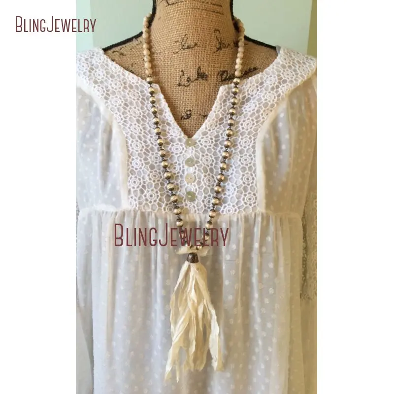 Knotted Sari Silk Tassel Necklace Rustic Bohemian Glam Rosary Style Pearl Chain Necklace Romatic Long Luxe Boho Chic NM12457