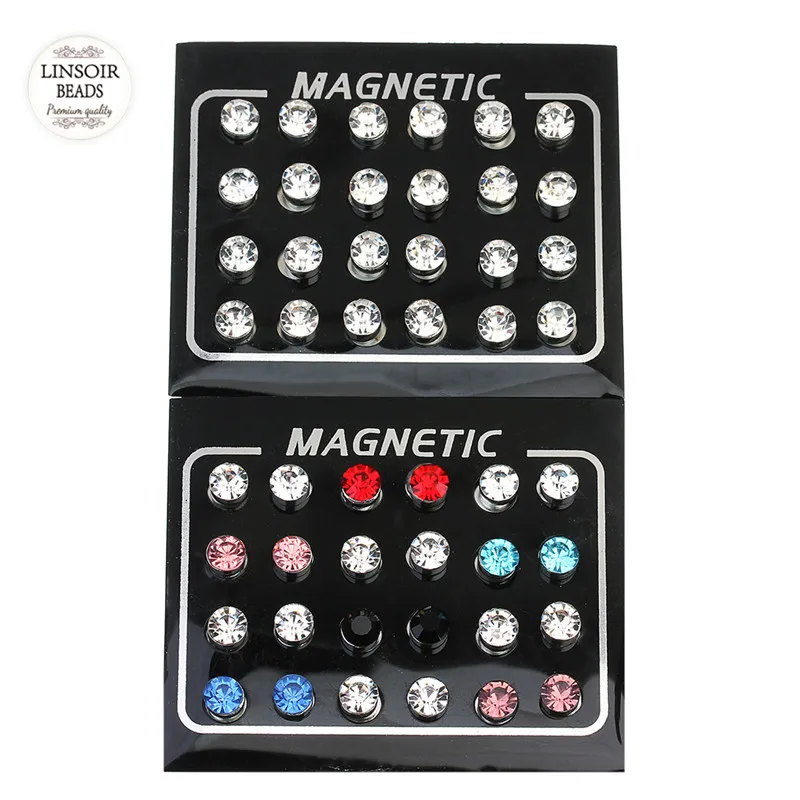 LINSOIR 12 Pair/lot 4/5/6/7mm Round Crystal Rhinestone Magnet Stud Earring Puck Womens Mens Magnetic Fake Ear Plug Jewelry | Украшения и
