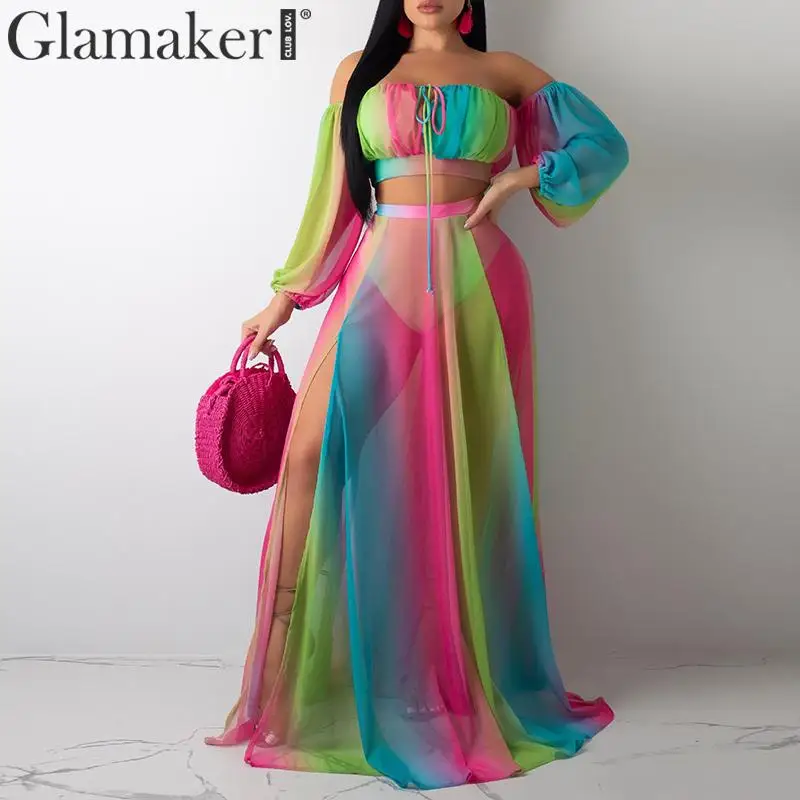 Glamaker, Радужный костюм из 3 предметов, винтажное платье, женское платье с открытыми плечами, негабаритное летнее макси платье на шнуровке, с высоким разрезом, вечерние, Клубные, vestidos